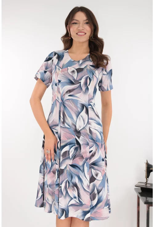 Rochie roz-gri in clini cu print abstract albastru