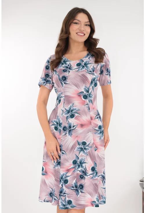 Rochie roz-gri in clini cu print floral bleumarin