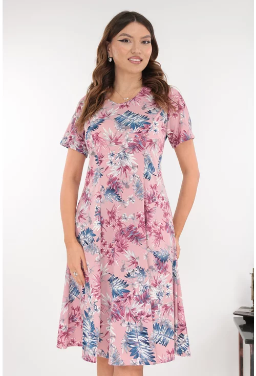 Rochie roz in clini cu flori albastre-gri