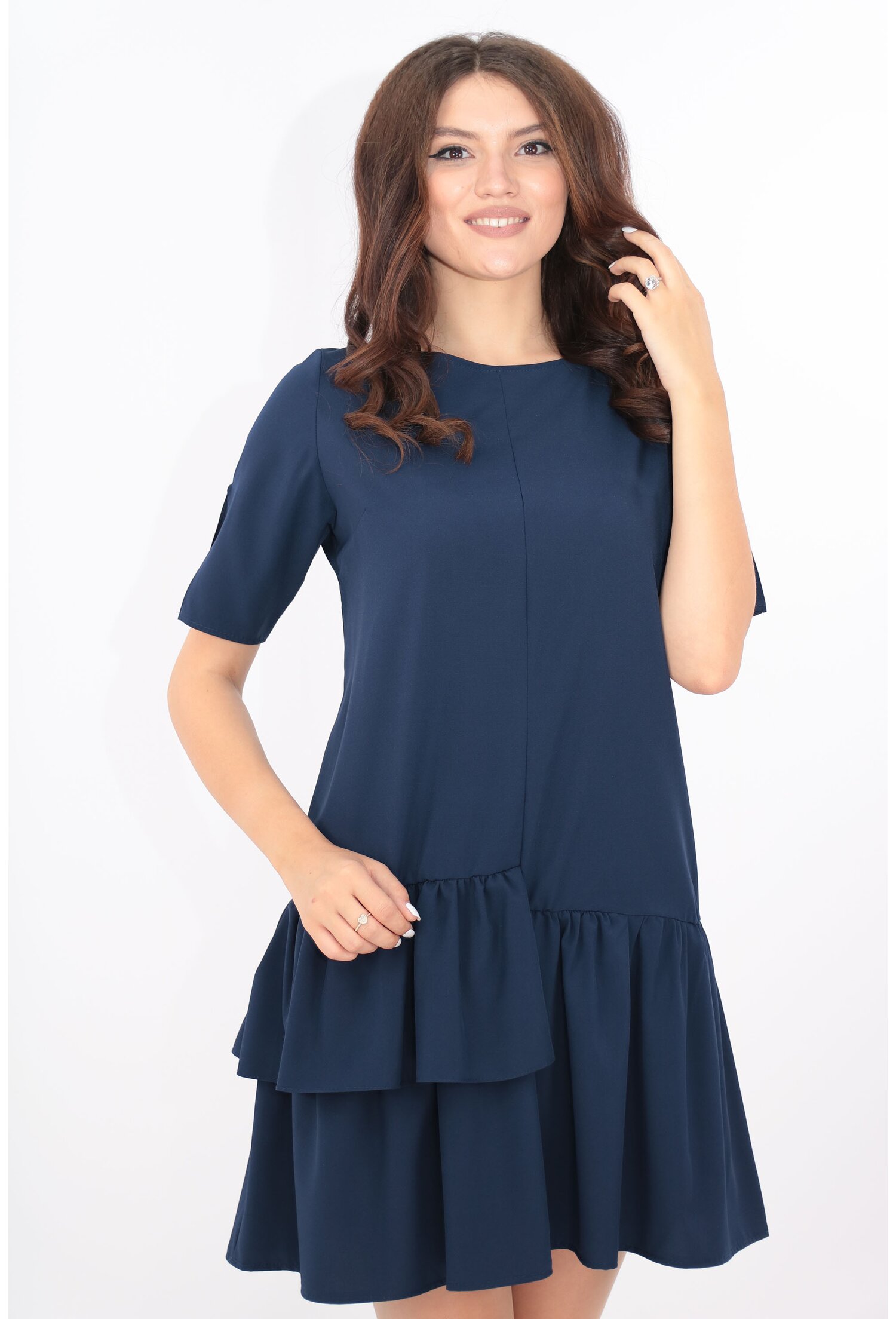 Rochie uni bleumarin cu volane asimetrice