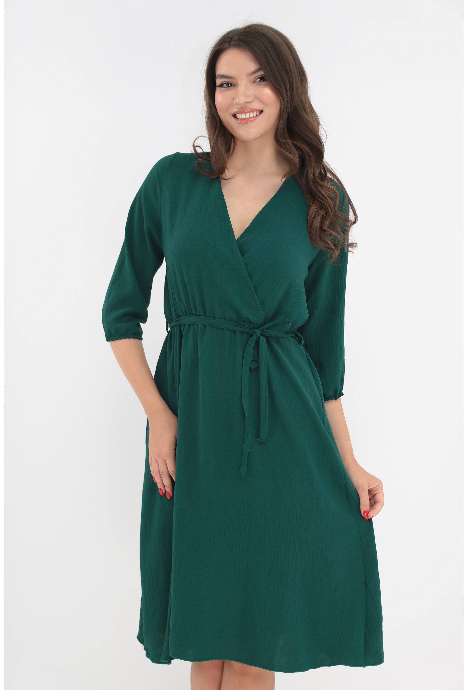 Rochie uni verde smarald cu decolteu parte peste parte