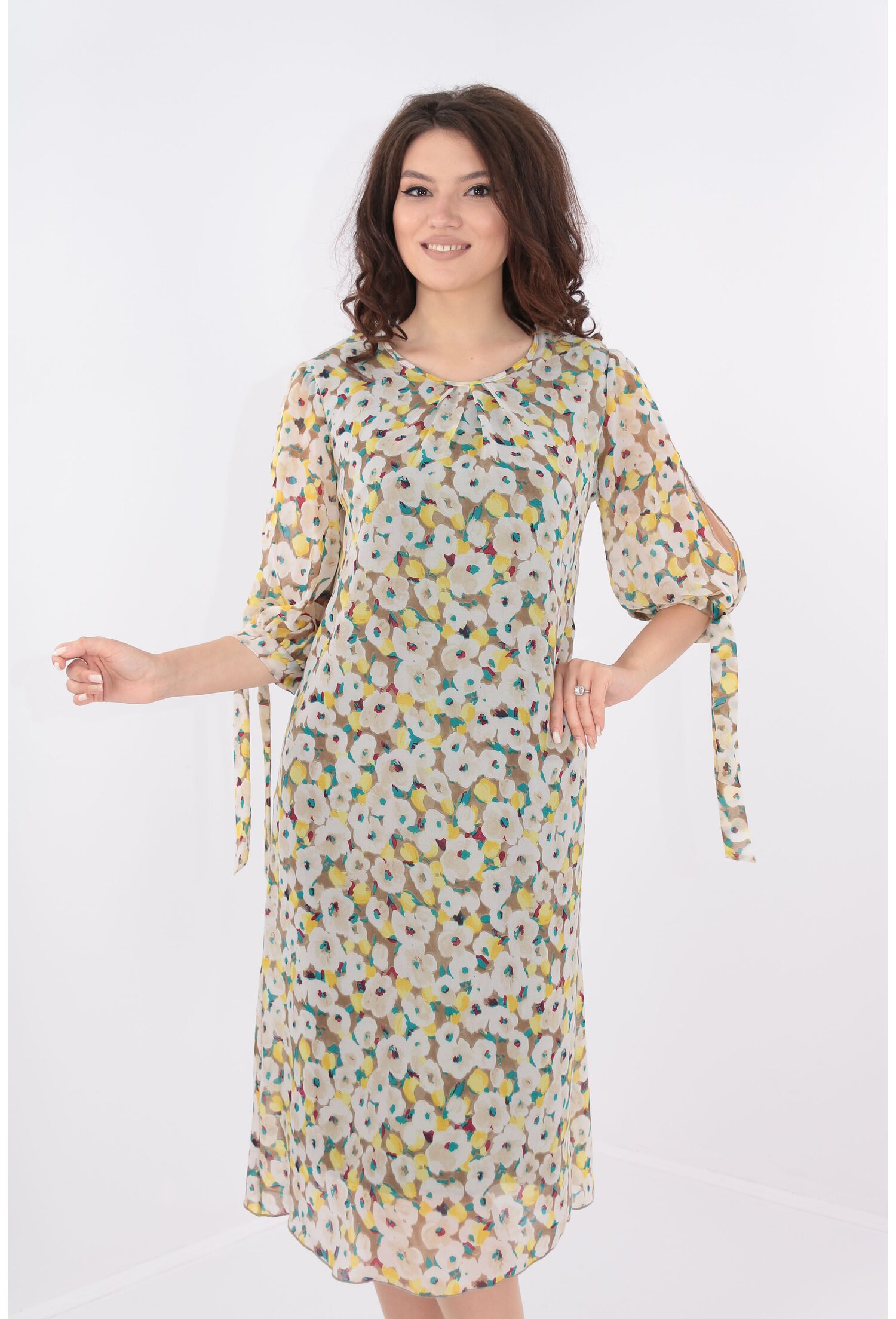 Rochie vaporoasa din voal cu print floral alb-mustar