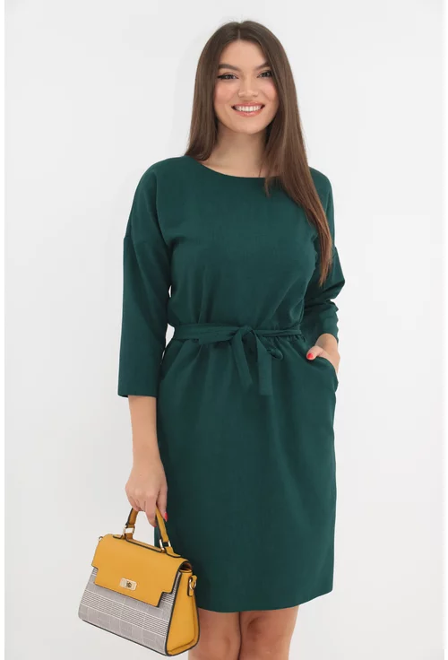 Rochie verde cu buzunare si cordon in talie