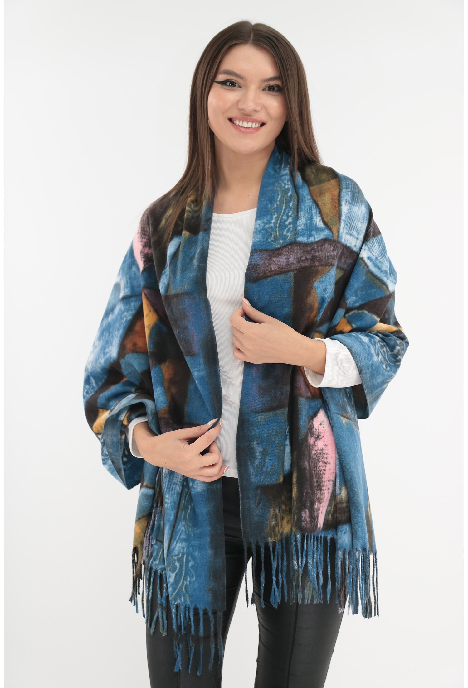 Sal din casmir cu imprimeu abstract albastru