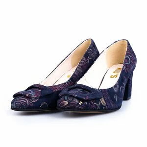Pantofi casual cu toc damă, din piele naturală  - 450-3 Blue flori