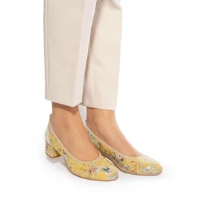 Pantofi casual cu toc damă din piele naturală,  Leofex - 231 Galben flori