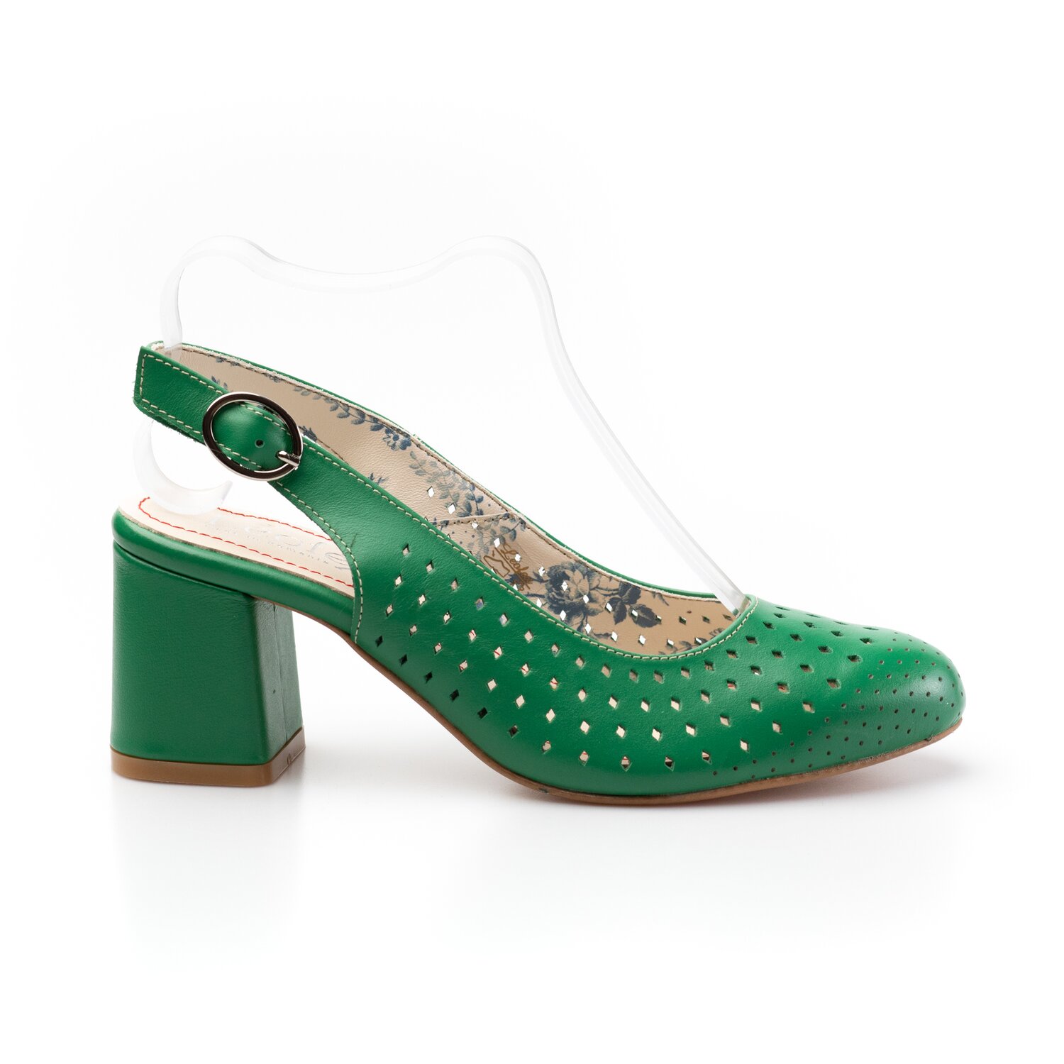 Pantofi casual cu toc damă, perforaţi si decupaţi la spate din piele naturală, Leofex - 247 verde box