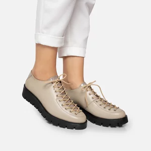 Pantofi casual dama cu siret pana in varf din piele naturala,Leofex - 036 Bej Box Lac