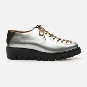 Pantofi casual dama cu siret pana in varf din piele naturala, Leofex- 194 Argintiu Box Lac
