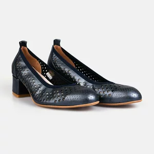Pantofi casual perforaţi cu toc damă din piele naturală, Leofex – 032 Antracite Box Sidef