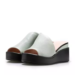 Saboți damă  cu platformă din piele naturală - 143 Verde Opalin Box Perforat