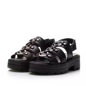 Sandale cu talpă groasă damă din piele naturală, Leofex - 370 Negru Box