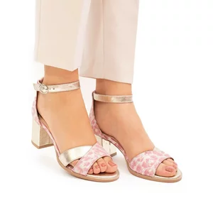 Sandale cu toc damă din piele naturală, Leofex - 228 Roz Auriu Box