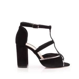 Sandale cu toc elegante dama din piele intoarsa -1061-14 Negru Argintiu