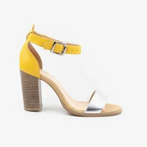 Sandale damă cu toc din piele naturală - 512 Galben Argintiu Box