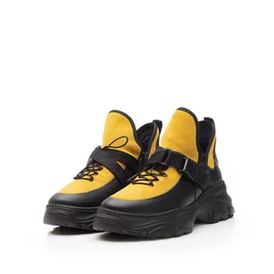 Sneakers damă din piele naturală, Leofex - 288-1 Negru Muştar Box Velur
